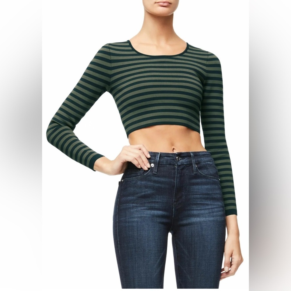 Good American Women Stripped Long Sleeve Crop Top Blouse Green Navy Size 2 M